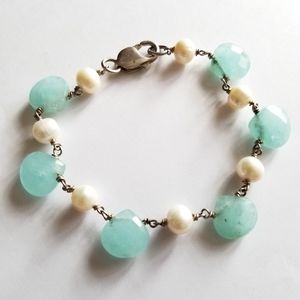 Chalcedony and pearl bracelet .925 sterling silver real mint sea white bead